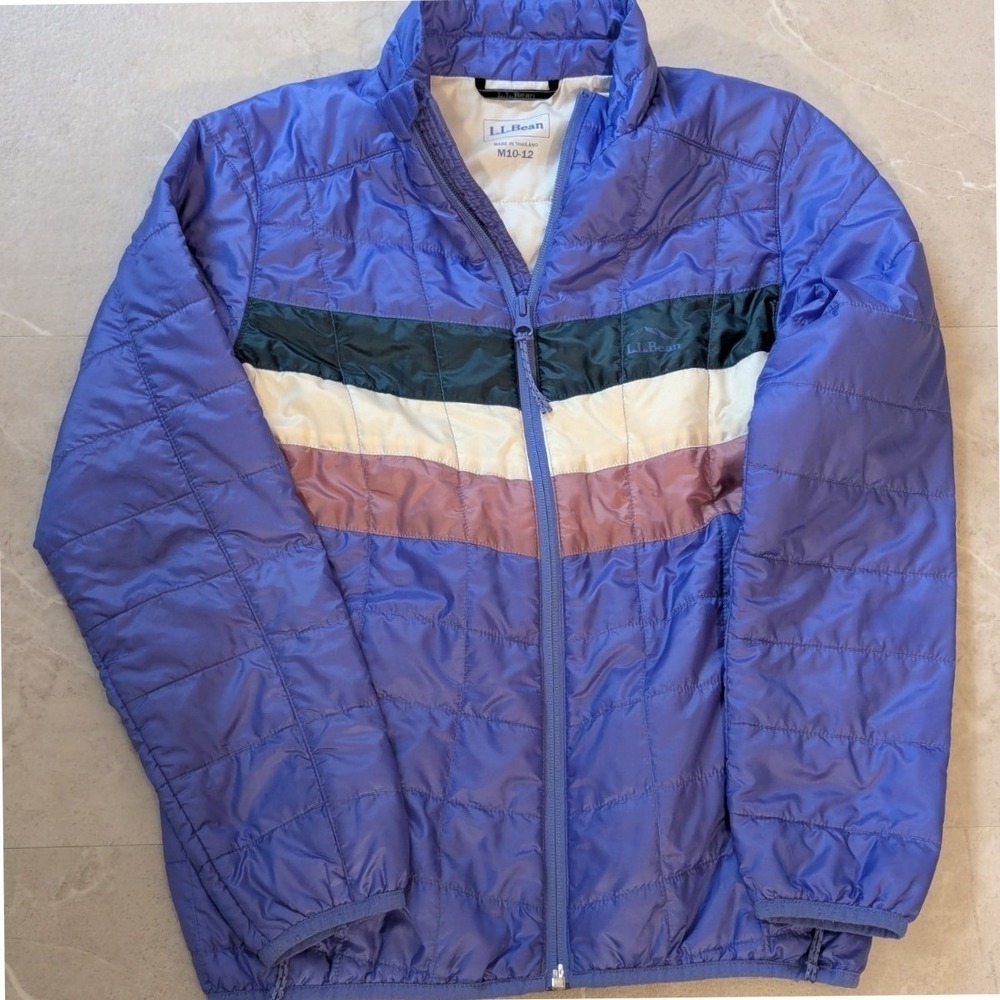L.L.Bean PrimaLoft Packaway Jacket Purple Multi Stripe Quilted Kids M 10-12
